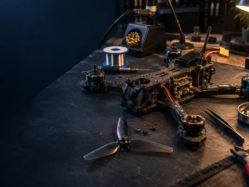 Konzeptbild eines geöffneten FPV-Quads an der Werkbank