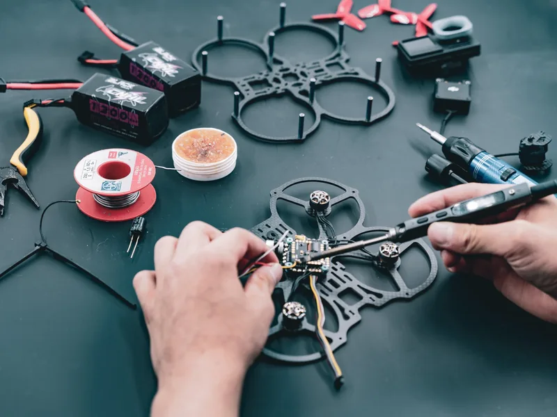 Lötarbeit am Flight Controller einer FPV-Drohne an unserer Werkbank